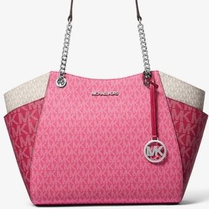 Michael Kors LG Jet Set Color-Block Signature Logo Shoulder Bag Dark Raspberry